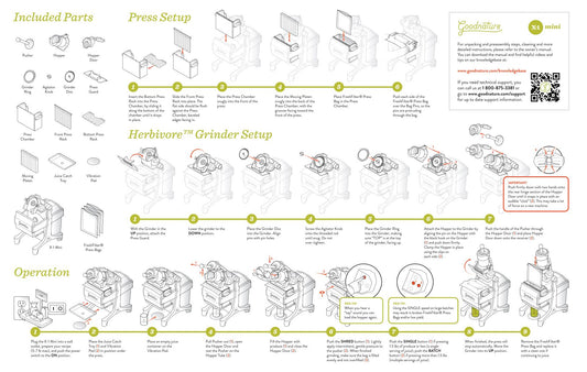 17"x11" illustrated guide for set up & operating the Goodnature X1 Mini cold press juicer