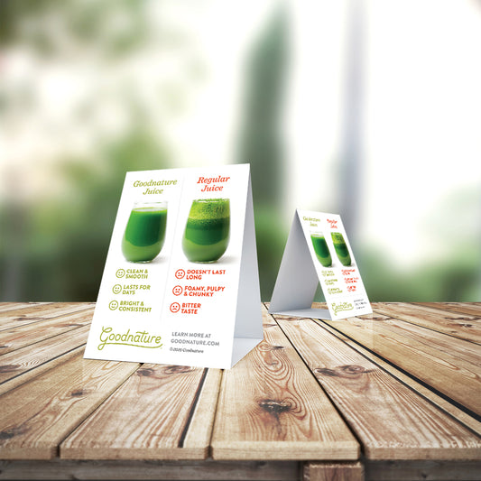 Goodnature Juice vs. Regular Juice 4" x 6" Table Tent
