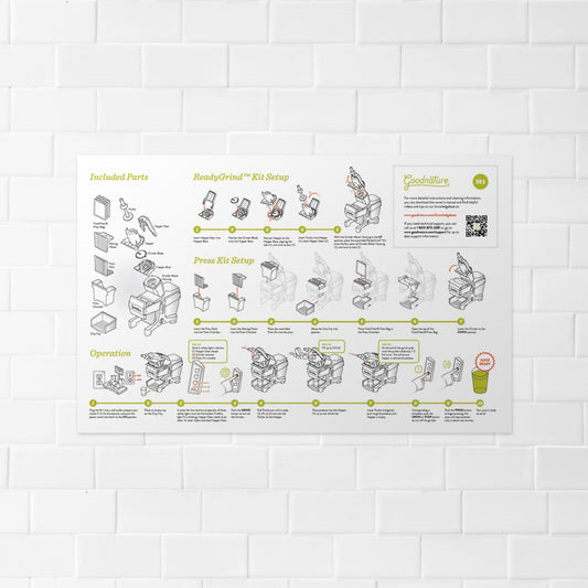 Step by step illustrated guide for setup & operating the M-1 cold press juicer hanging on a tile wall