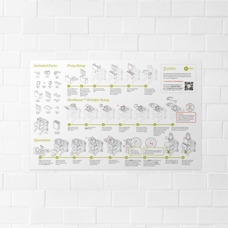 17"x11" illustrated guide for set up & operating the Goodnature X1 Mini cold press juicer hanging on a tile wall