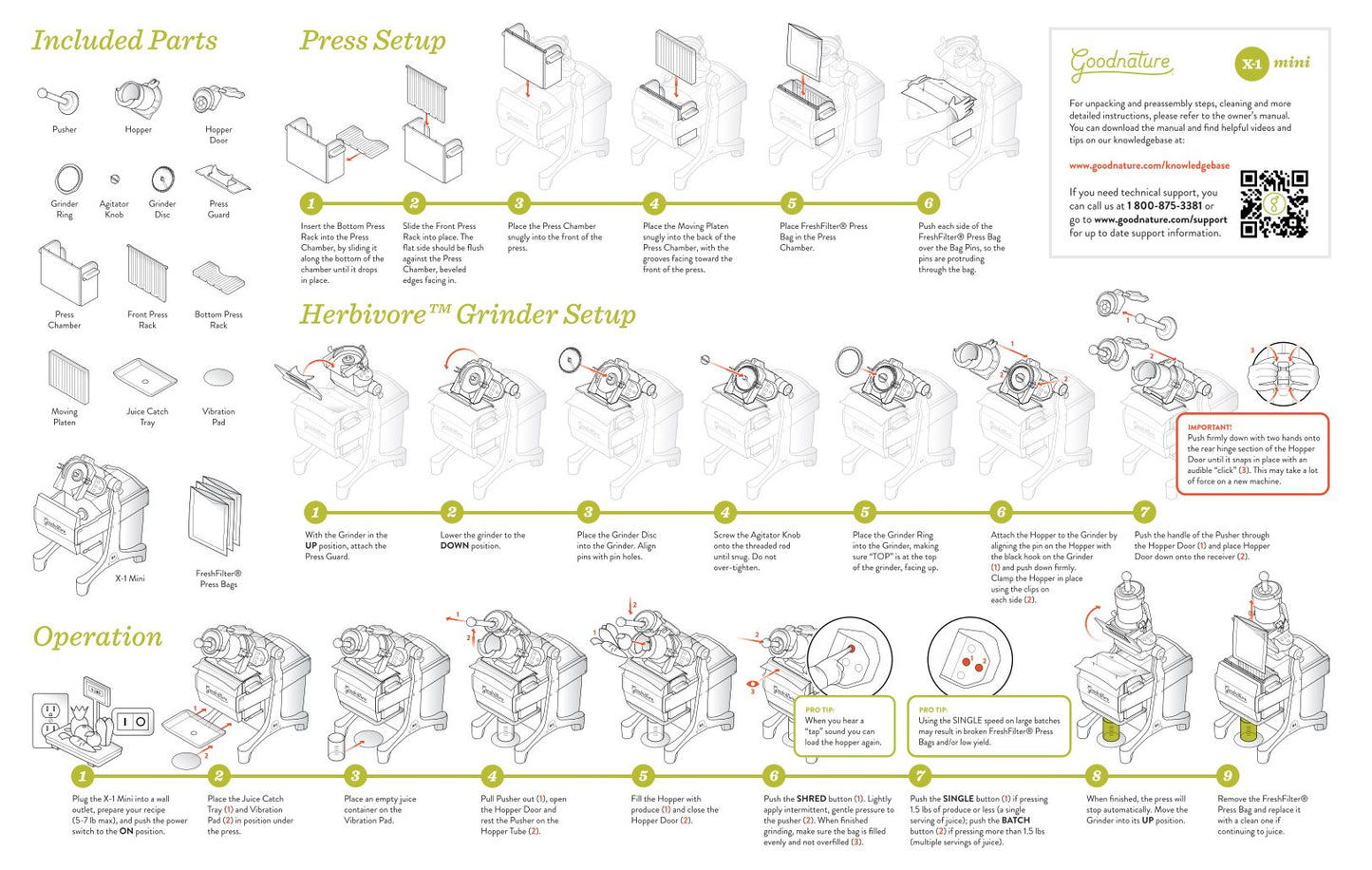 17"x11" illustrated guide for set up & operating the Goodnature X1 Mini cold press juicer