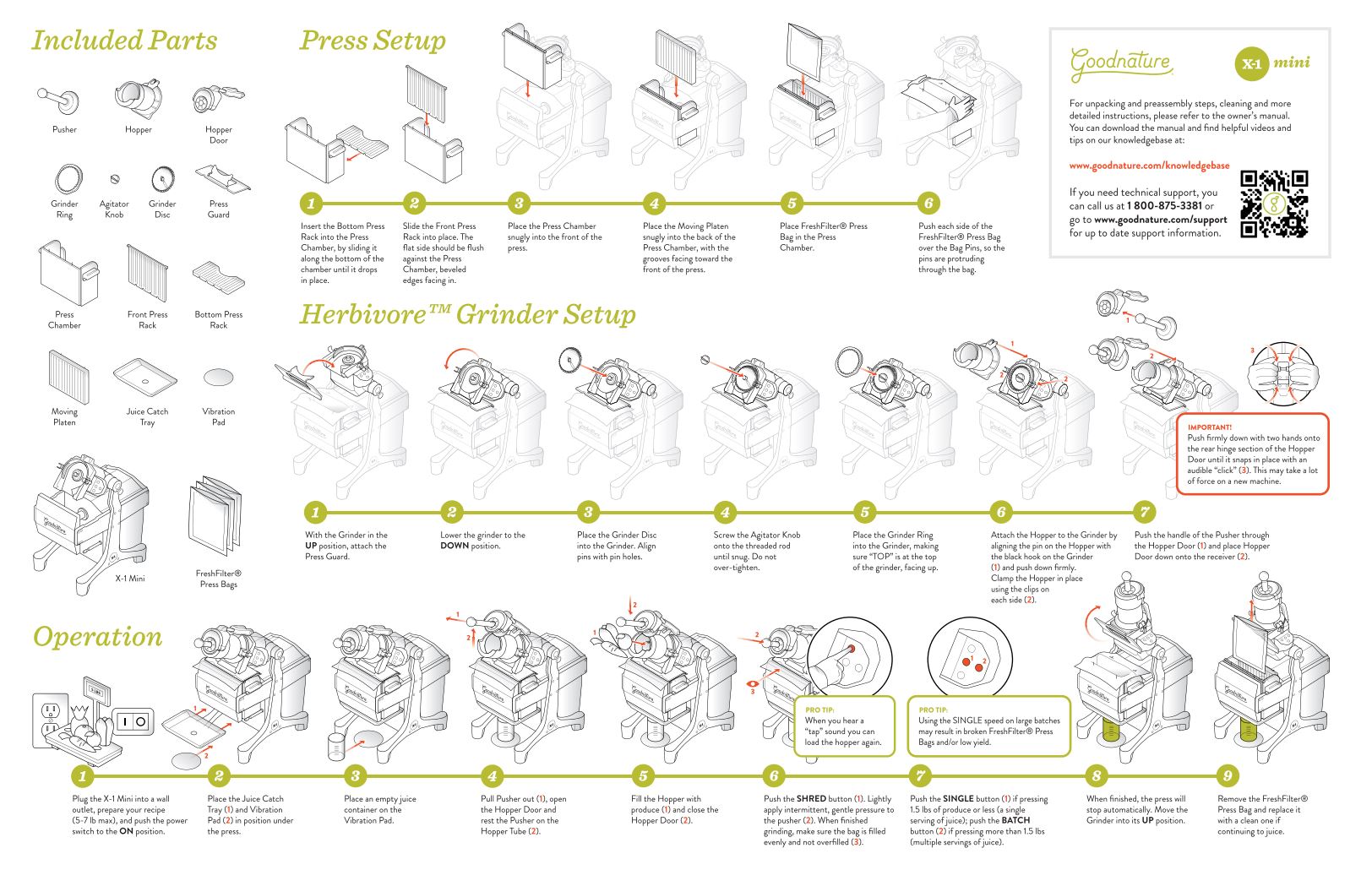 17"x11" illustrated guide for set up & operating the Goodnature X1 Mini cold press juicer